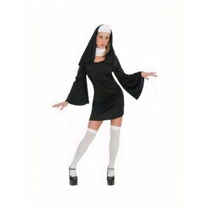 Funny Fashion Naughty Nun Costume Size 10-12 Black Hat Neckpiece Halloween NEW